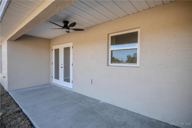 view of patio / terrace with french doors and ceiling fan