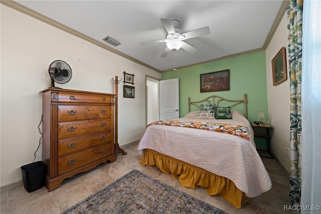 2160 N Watersedge Dr, Crystal River, FL 34429 - bedroom with crown molding, a ceiling fan, and light tile patterned floors