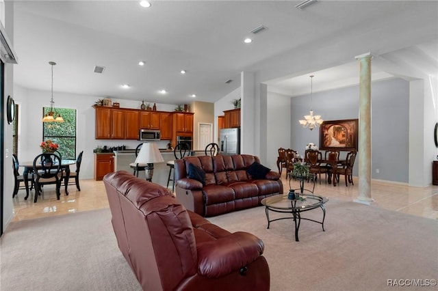 living room with recessed lighting, light carpet, visible vents, an inviting chandelier, and ornate columns