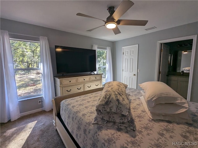 carpeted bedroom featuring ceiling fan, ensuite bath, and multiple windows