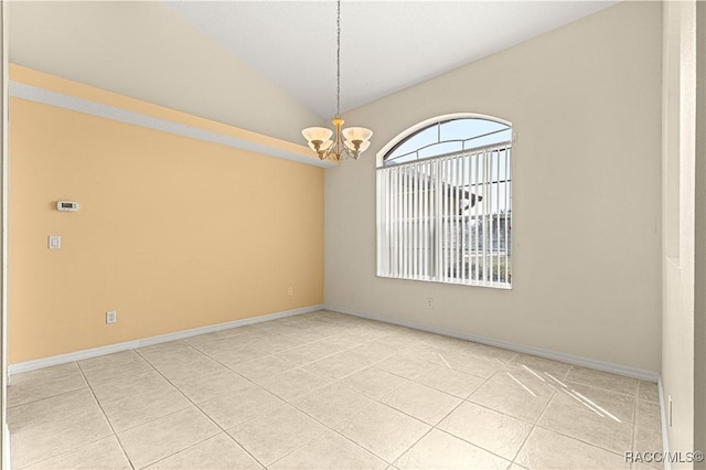 spare room featuring lofted ceiling, light tile patterned flooring, baseboards, and an inviting chandelier