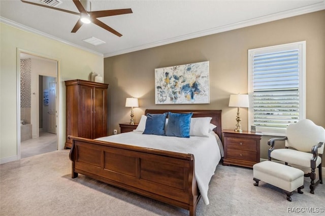 bedroom with carpet floors, ceiling fan, crown molding, and ensuite bathroom