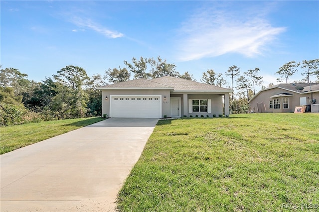 ranch-style home with a garage and a front lawn