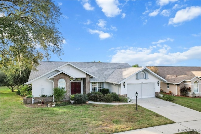 ranch-style home with a front lawn and a garage