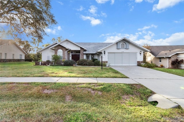 ranch-style house with a garage and a front lawn