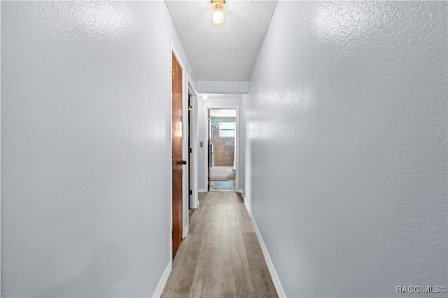 hall featuring a textured ceiling and hardwood / wood-style floors