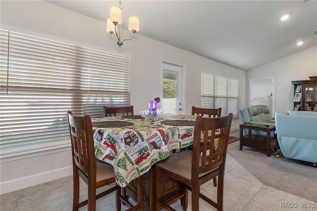 dining space featuring light tile patterned floors, baseboards, vaulted ceiling, and recessed lighting