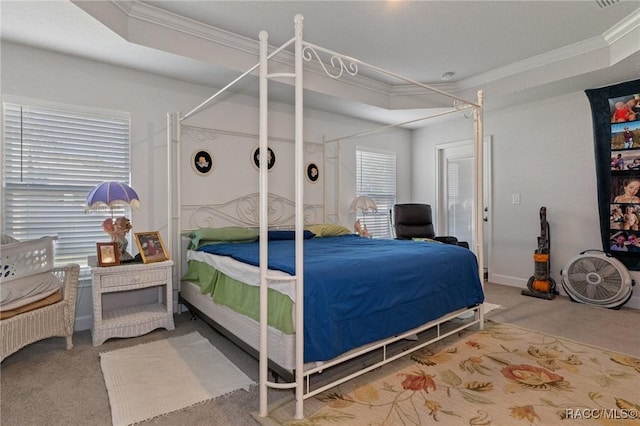 bedroom with carpet and ornamental molding