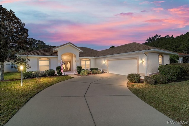 view of front of house featuring a garage and a lawn