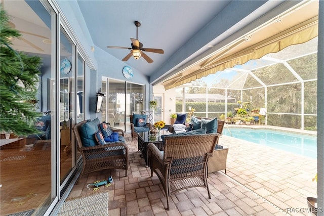 exterior space featuring vaulted ceiling, a pool, and ceiling fan