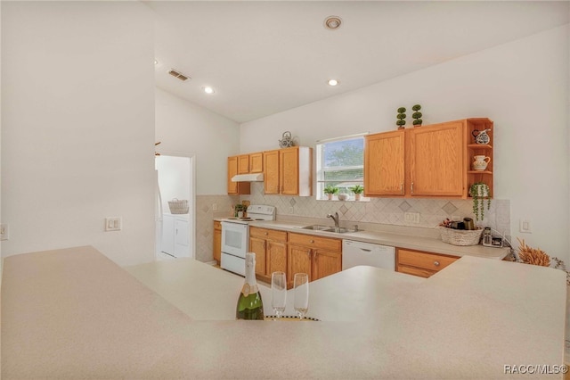 2459 N Brentwood Cir, Lecanto, FL 34461 - kitchen with white appliances, under cabinet range hood, backsplash, open shelves, and light countertops