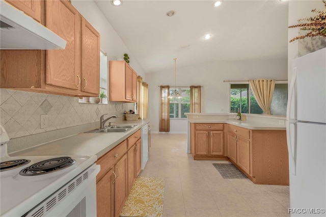 2459 N Brentwood Cir, Lecanto, FL 34461 - kitchen with under cabinet range hood, white appliances, vaulted ceiling, backsplash, and light countertops