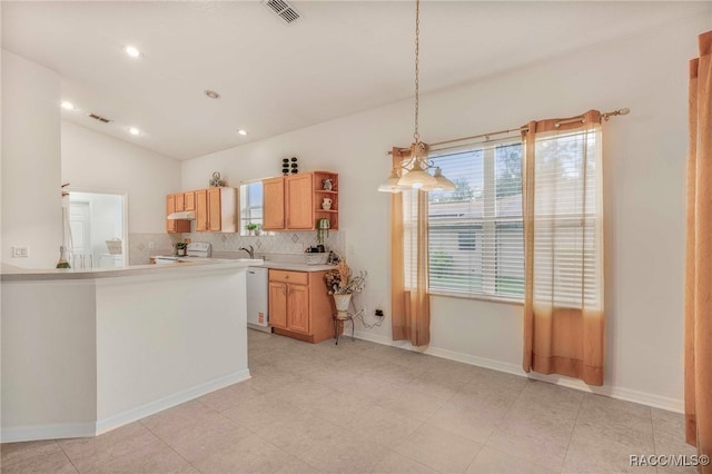 2459 N Brentwood Cir, Lecanto, FL 34461 - kitchen featuring dishwashing machine, white range oven, backsplash, light countertops, and open shelves