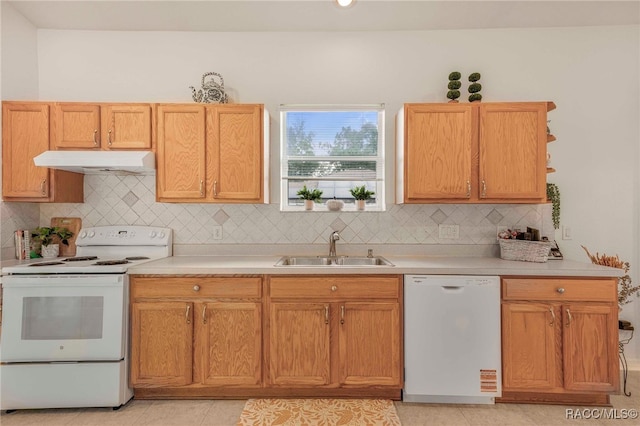 2459 N Brentwood Cir, Lecanto, FL 34461 - kitchen featuring white appliances, under cabinet range hood, light countertops, tasteful backsplash, and light tile patterned floors