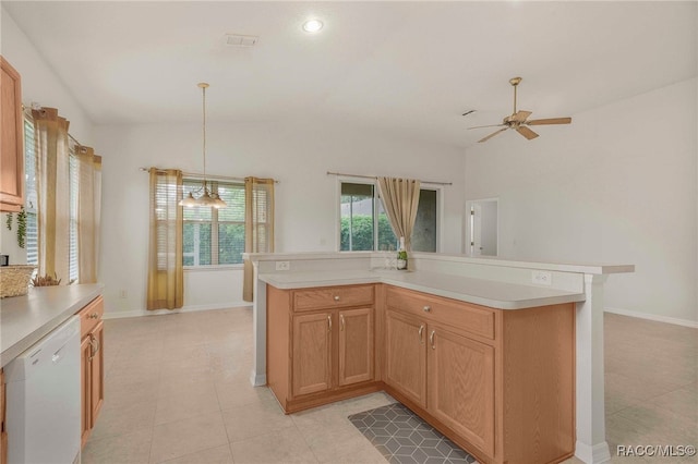 2459 N Brentwood Cir, Lecanto, FL 34461 - kitchen with white dishwasher, light countertops, a ceiling fan, vaulted ceiling, and pendant lighting