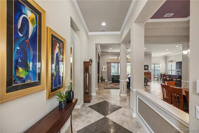 1462 N Ridge Meadow Path, Hernando, FL 34442 - corridor featuring crown molding, ornate columns, baseboards, light tile patterned flooring, and recessed lighting