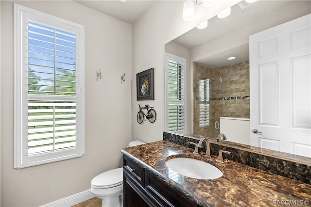 bathroom featuring toilet, plenty of natural light, vanity, and walk in shower