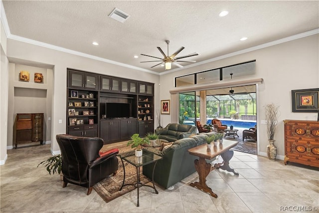 1462 N Ridge Meadow Path, Hernando, FL 34442 - living room with a ceiling fan, a textured ceiling, recessed lighting, crown molding, and baseboards