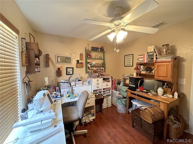 office featuring ceiling fan and dark wood-type flooring