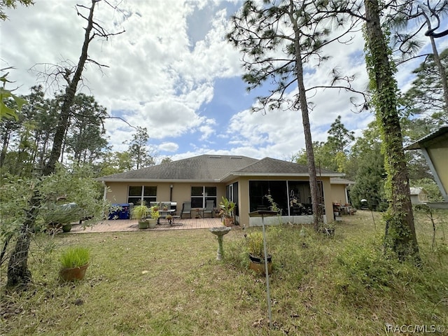 rear view of house featuring a patio area, a sunroom, and a yard