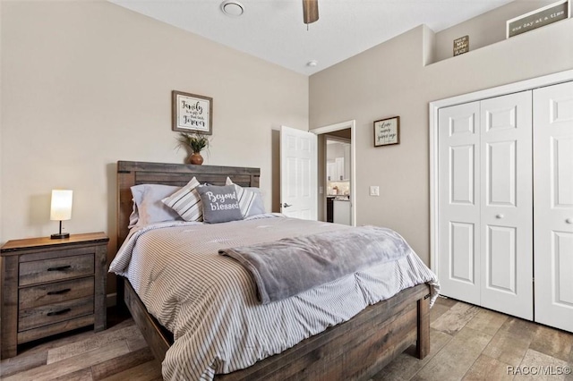 5888 W Corral Pl, Beverly Hills, FL 34465 - bedroom with wood finished floors, a closet, and ceiling fan