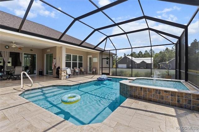 5888 W Corral Pl, Beverly Hills, FL 34465 - view of swimming pool with a patio, a ceiling fan, a lanai, and a pool with connected hot tub