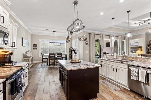 5888 W Corral Pl, Beverly Hills, FL 34465 - kitchen with appliances with stainless steel finishes, a sink, white cabinets, light wood-style floors, and ornamental molding