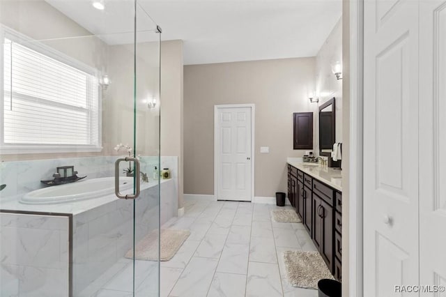 5888 W Corral Pl, Beverly Hills, FL 34465 - bathroom with marble look tile flooring, a stall shower, a garden tub, vanity, and baseboards