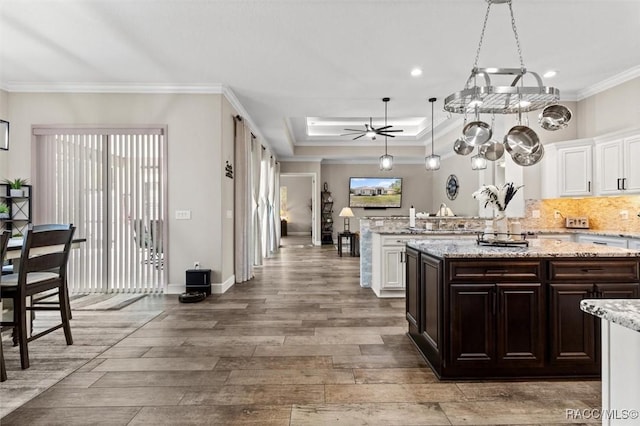 5888 W Corral Pl, Beverly Hills, FL 34465 - kitchen featuring wood finished floors, white cabinetry, ornamental molding, decorative backsplash, and a ceiling fan