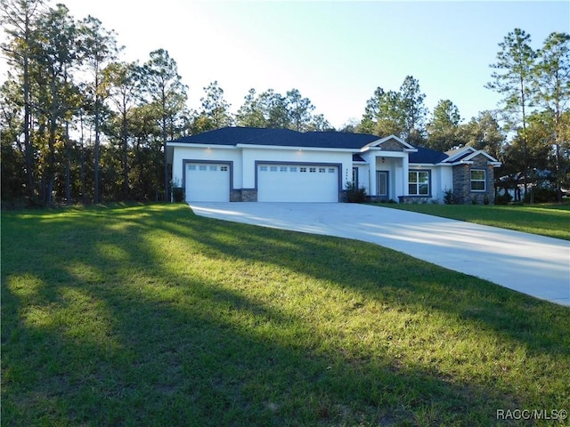 4496 N Elkcam Blvd, Beverly Hills, FL 34465 - ranch-style home with an attached garage, stone siding, concrete driveway, a front yard, and stucco siding
