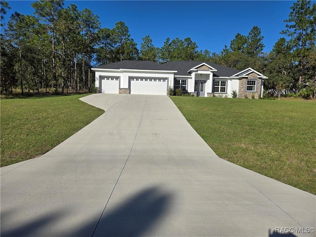 4496 N Elkcam Blvd, Beverly Hills, FL 34465 - ranch-style house with stone siding, an attached garage, concrete driveway, and a front yard