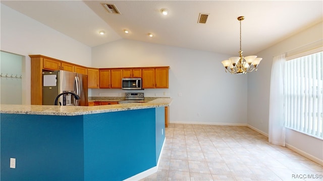 kitchen featuring stainless steel appliances, light stone counters, a chandelier, pendant lighting, and vaulted ceiling