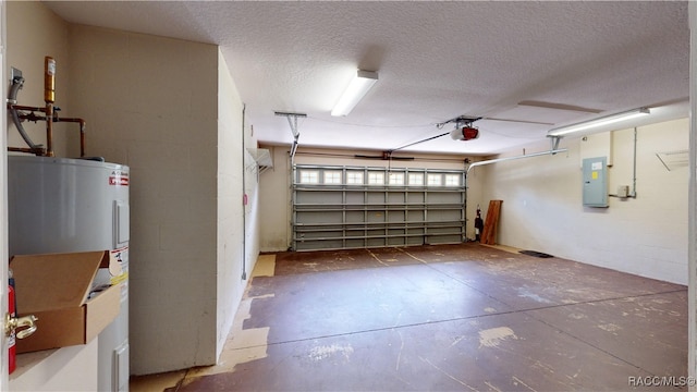 garage featuring a garage door opener, electric water heater, and electric panel