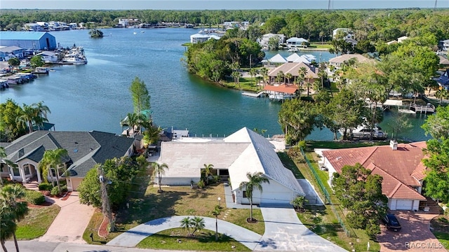 aerial view featuring a residential view and a water view
