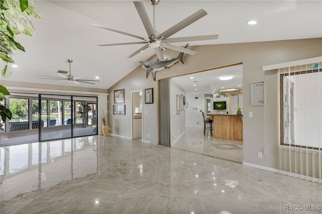 unfurnished living room with recessed lighting, a ceiling fan, visible vents, high vaulted ceiling, and marble finish floor