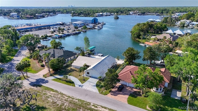 aerial view featuring a water view and a residential view