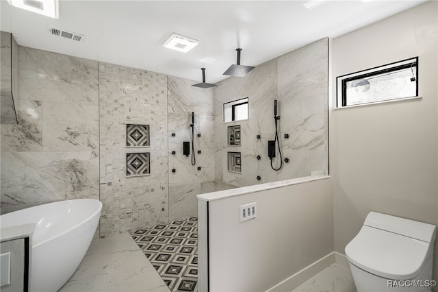 bathroom featuring a soaking tub, visible vents, toilet, marble finish floor, and walk in shower