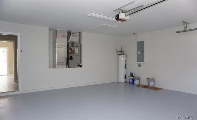 garage featuring a garage door opener, electric panel, and water heater