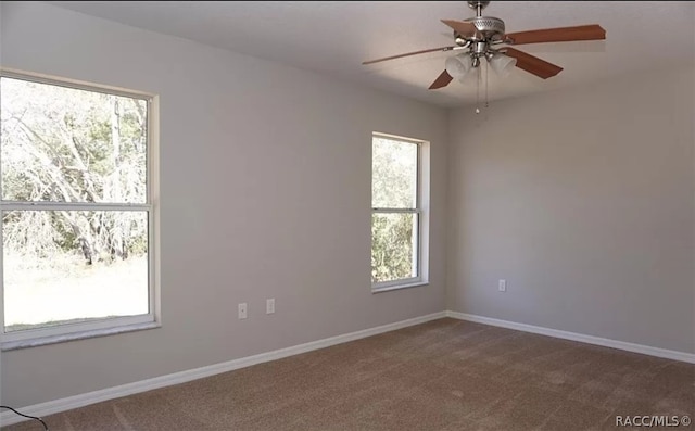 spare room featuring carpet floors, a wealth of natural light, and ceiling fan