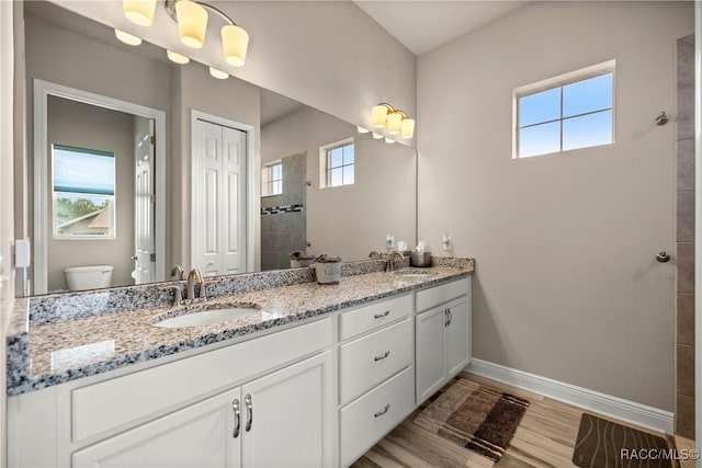 bathroom with vanity, hardwood / wood-style floors, toilet, and a healthy amount of sunlight