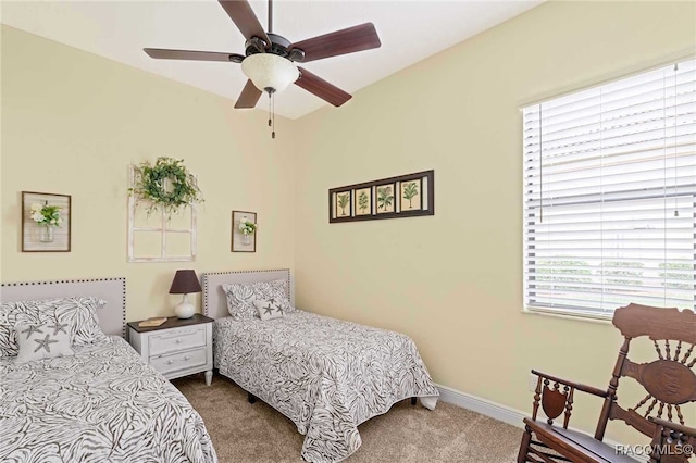 bedroom with ceiling fan and carpet floors