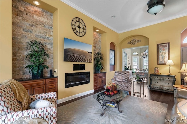 living room with crown molding and dark hardwood / wood-style flooring