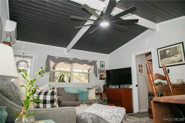 living room with a healthy amount of sunlight, ceiling fan, lofted ceiling with beams, and a wall mounted air conditioner