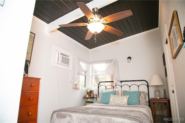 bedroom featuring ornamental molding, a wall mounted AC, wooden ceiling, and a ceiling fan