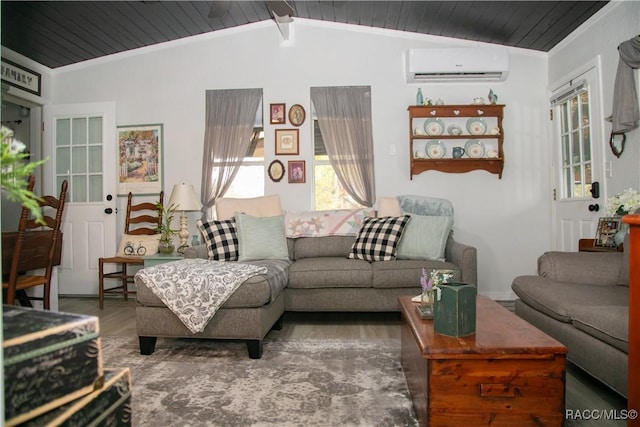 living room with lofted ceiling, wood ceiling, ornamental molding, dark wood-type flooring, and a wall mounted AC