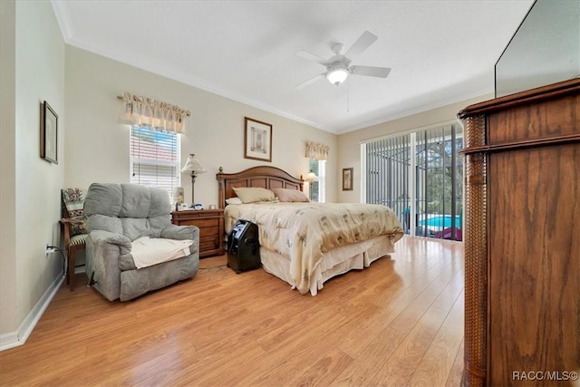 374 W Wason St, Citrus Springs, FL 34434 - bedroom featuring access to outside, light wood finished floors, ornamental molding, and a ceiling fan