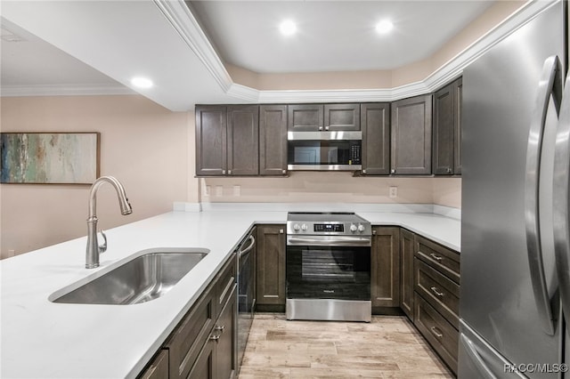 kitchen featuring dark brown cabinets, stainless steel appliances, light wood-type flooring, and a sink