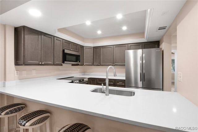 kitchen with dark brown cabinetry, light countertops, a tray ceiling, stainless steel appliances, and a sink