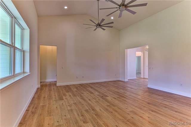 783 E Alaska Ln, Hernando, FL 34442 - spare room with high vaulted ceiling, ceiling fan, healthy amount of natural light, light wood finished floors, and recessed lighting