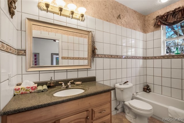 full bathroom with tile walls, vanity, tasteful backsplash, shower / washtub combination, and toilet